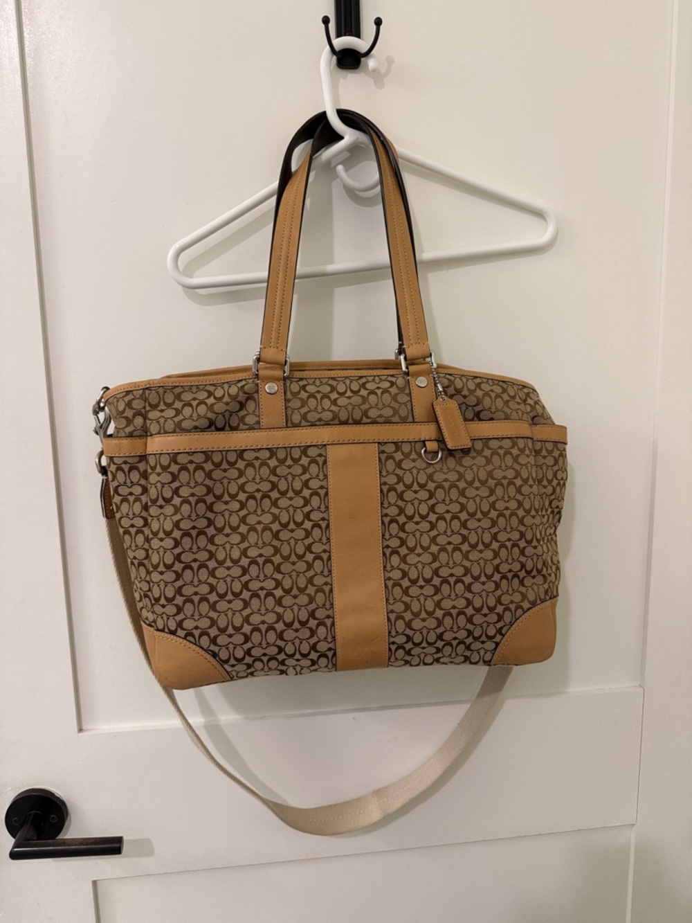 Coach Brown Signature Canvas Shoulder Diaper Bag Tote with Tan Leather Trim